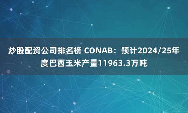 炒股配资公司排名榜 CONAB：预计2024/25年度巴西玉米产量11963.3万吨